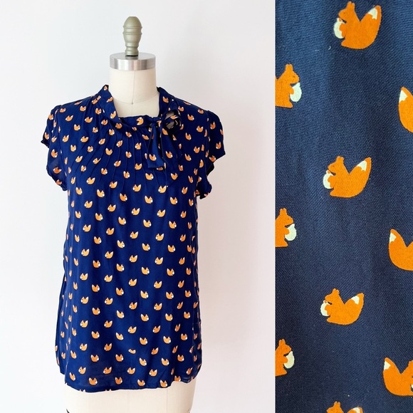 Modcloth Squirrel Blouse, Navy Blue and Orange with a Tie Neckline, Novelty - Picture 1 of 6